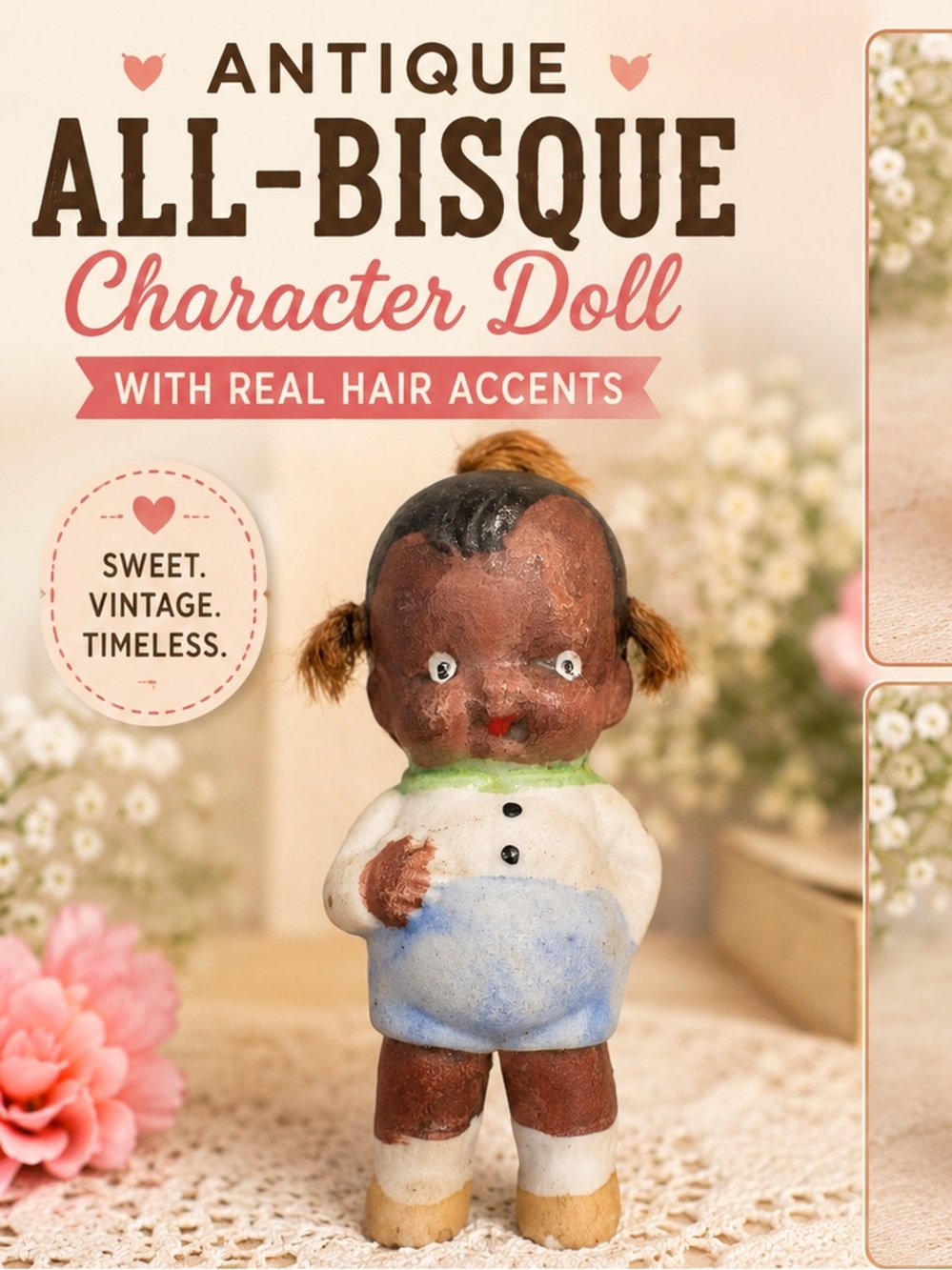 Vintage Ruby Lane Antique All-Bisque Character Doll in Brown, White & Blue